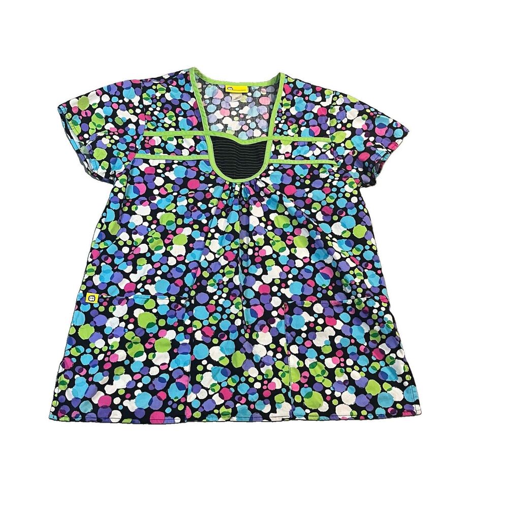 WonderWink Multicolor Polka Dots Scrub Nurse Top Shirt Retro Womens Size M